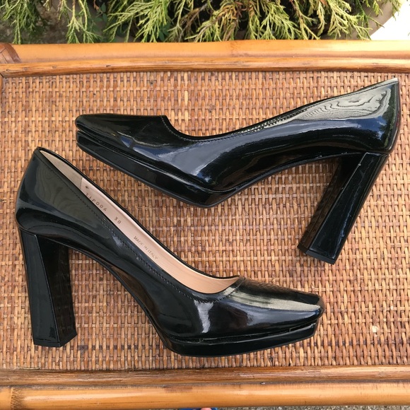 Prada Women's Patent Leather Pumps Heels Square Toe Slip On Stacked HeeI Black - Picture 8 of 16